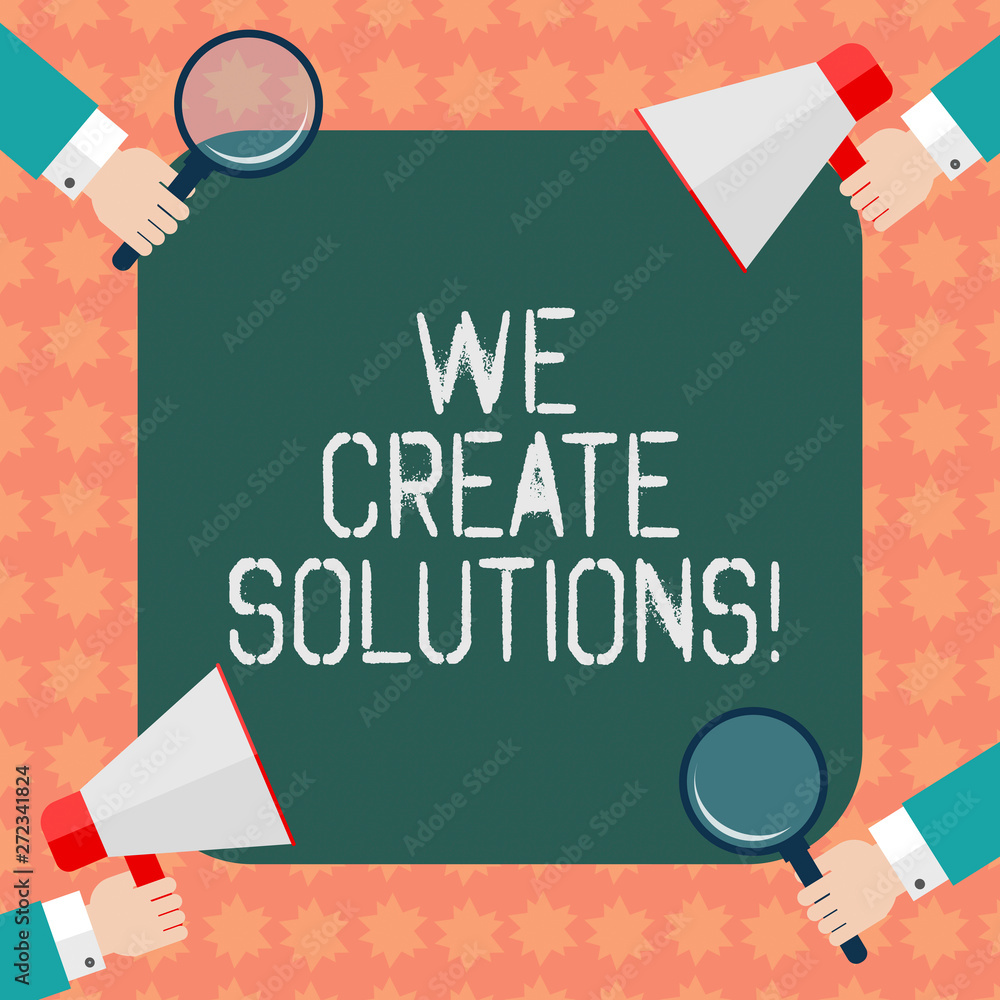 Naklejka premium Writing note showing We Create Solutions. Business photo showcasing way to solve problem or deal with difficult situation Hu analysis Hands Holding Magnifying Glass and Megaphone