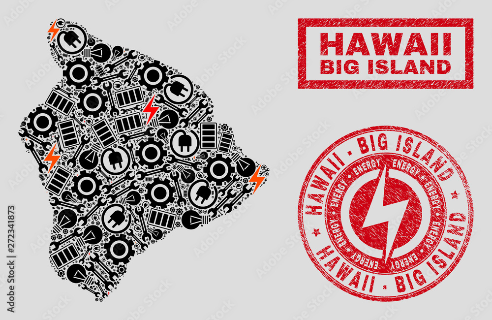 Composition of mosaic power supply Hawaii Big Island map and grunge stamps. Mosaic vector Hawaii Big Island map is composed with gear and power symbols. Black and red colors used.