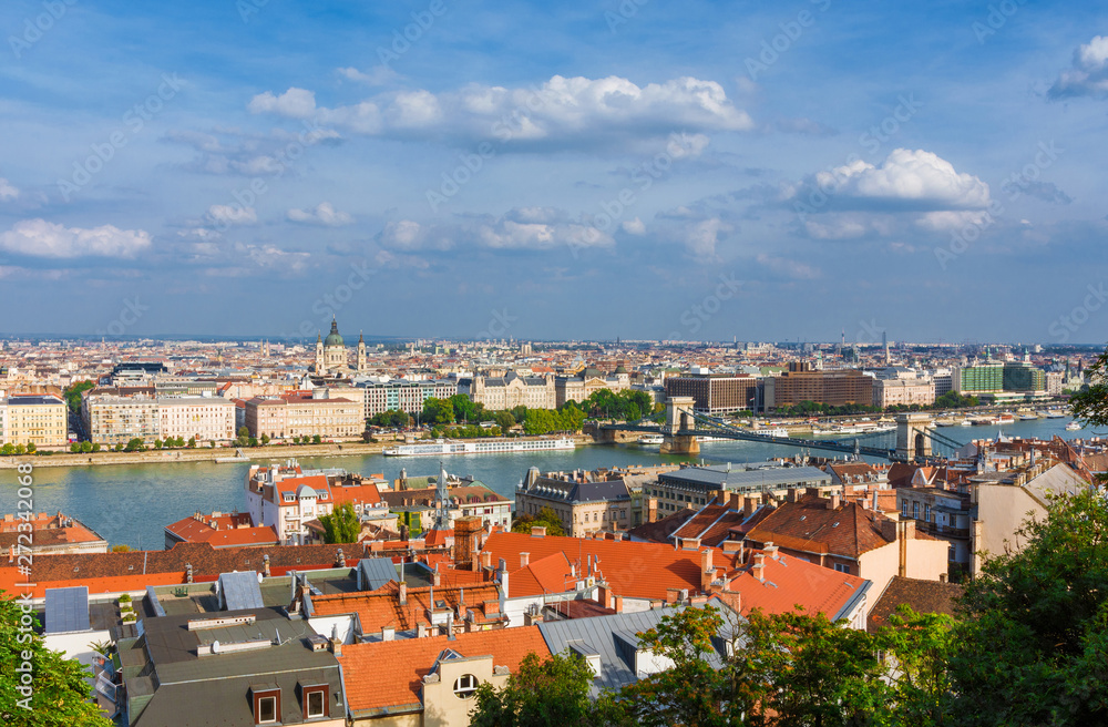 Beautiful view of Budapest historic center with the famous St Stepehn Basilica and Danube River