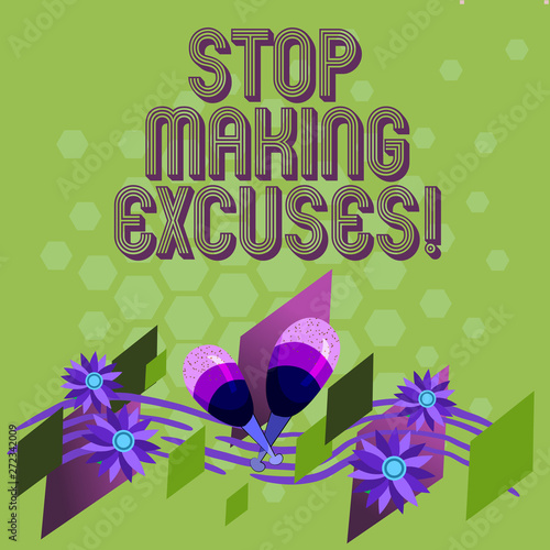 Text sign showing Stop Making Excuses. Conceptual photo do not explanation for something that went wrong Colorful Instrument Maracas Handmade Flowers and Curved Musical Staff photo