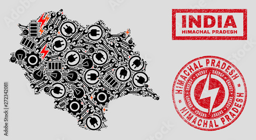 Composition of mosaic power supply Himachal Pradesh State map and grunge stamps. Mosaic vector Himachal Pradesh State map is created with service and bulb elements. Black and red colors used.
