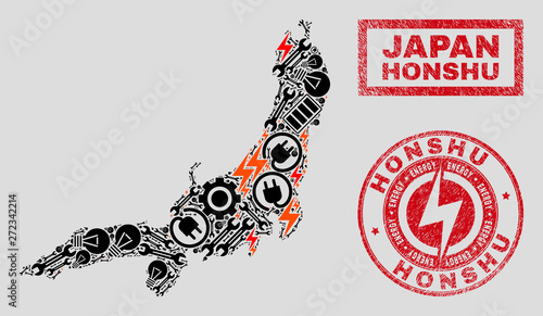 Composition of mosaic power supply Honshu Island map and grunge watermarks. Mosaic vector Honshu Island map is composed with workshop and electricity icons. Black and red colors used.