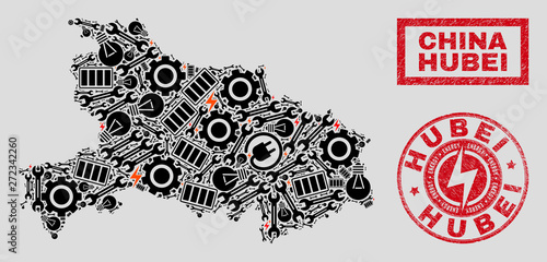 Composition of mosaic power supply Hubei Province map and grunge watermarks. Collage vector Hubei Province map is designed with gear and lamp icons. Black and red colors used.