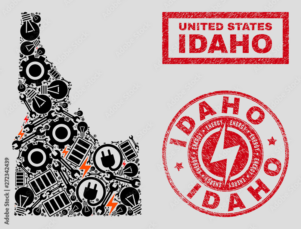 Composition of mosaic power supply Idaho State map and grunge seals. Mosaic vector Idaho State map is created with service and electric elements. Black and red colors used.