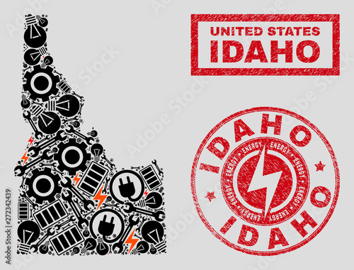Composition of mosaic power supply Idaho State map and grunge seals. Mosaic vector Idaho State map is created with service and electric elements. Black and red colors used.