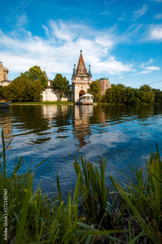 Laxenburg castle (Franzensburg) near Vienna (Austria) with the lake in the foreground