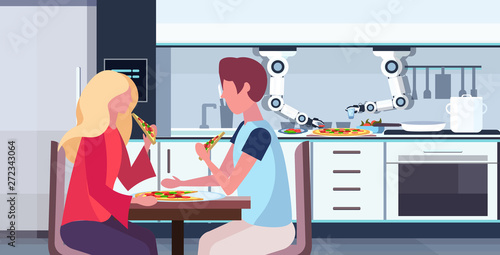 smart handy chef robot preparing tasty pizza for man woman couple robotic assistant innovation technology artificial intelligence concept modern kitchen interior flat horizontal portrait