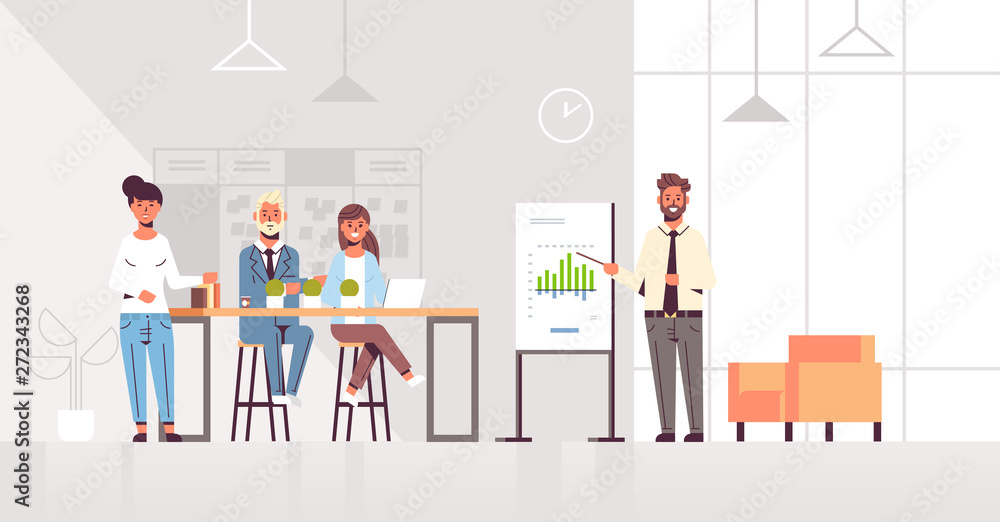 businessman presenting financial graph on flip chart to businesspeople team at conference meeting training presentation concept modern co-working space office interior full length horizontal businessman presenting financial graph on flip chart to businesspeople team at conference meeting training presentation concept modern co-working space office interior full length horizontal