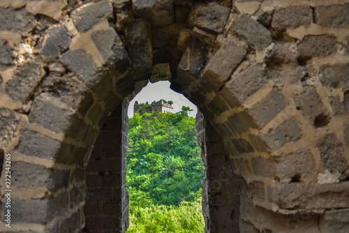 A close-up of the observation window of the beacon fire tower enemy building of the Great Wall in ancient China  Yumuling  Qianxi County  Hebei Province  China.