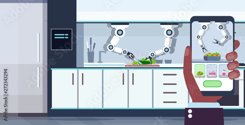 human hand using mobile application smart handy chef robot cooking serving food kitchen assistant robotic innovation technology artificial intelligence concept smartphone screen flat horizontal