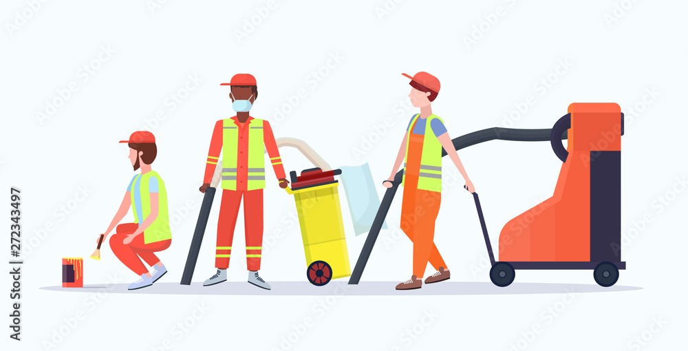 street cleaners in uniform using different equipment mix race male workers team standing together cleaning service concept flat full length white background horizontal