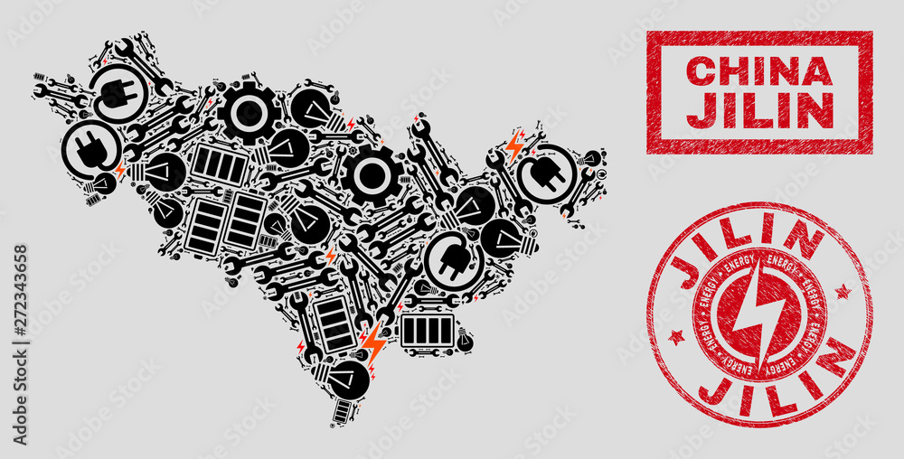 Composition of mosaic power supply Jilin Province map and grunge watermarks. Collage vector Jilin Province map is composed with workshop and power symbols. Black and red colors used. Composition of mosaic power supply Jilin Province map and grunge watermarks. Collage vector Jilin Province map is composed with workshop and power symbols. Black and red colors used.