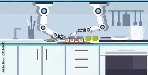 smart handy chef robot preparing sushi robotic assistant innovation technology artificial intelligence concept modern kitchen interior flat horizontal