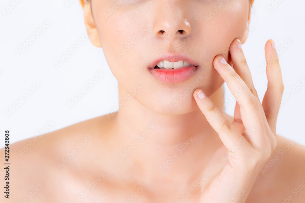 Obraz premium Closeup beautiful woman asian makeup of cosmetic, girl hand touch cheek and smile attractive, face of beauty perfect with wellness isolated on white background with skin healthcare concept.