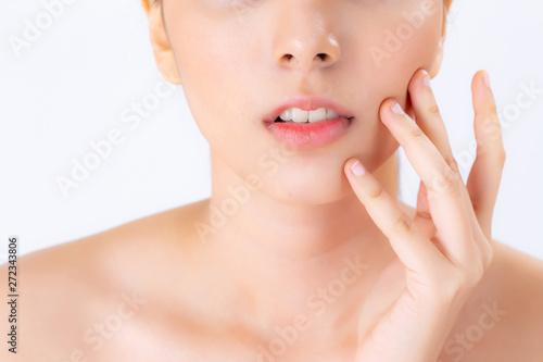 Closeup beautiful woman asian makeup of cosmetic  girl hand touch cheek and smile attractive  face of beauty perfect with wellness isolated on white background with skin healthcare concept.