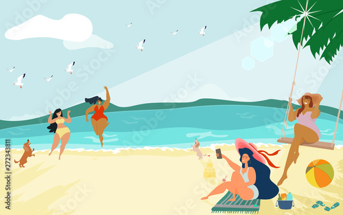 Group of happy lady in swimming suits enjoying summer vacation on beach. Young leisure activity and vintage colors style. Cartoon flat vector illustration.