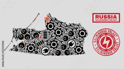 Composition of mosaic power supply Kaliningrad Region map and grunge seals. Mosaic vector Kaliningrad Region map is created with repair and bulb icons. Black and red colors used.
