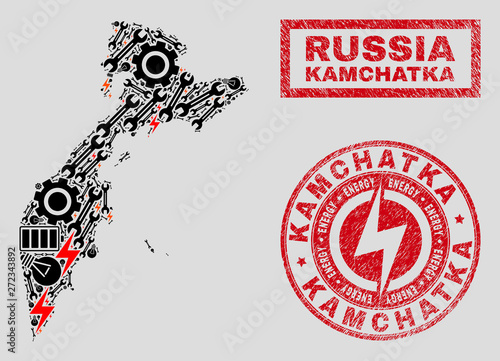 Composition of mosaic power supply Kamchatka map and grunge watermarks. Mosaic vector Kamchatka map is designed with equipment and bulb elements. Black and red colors used.