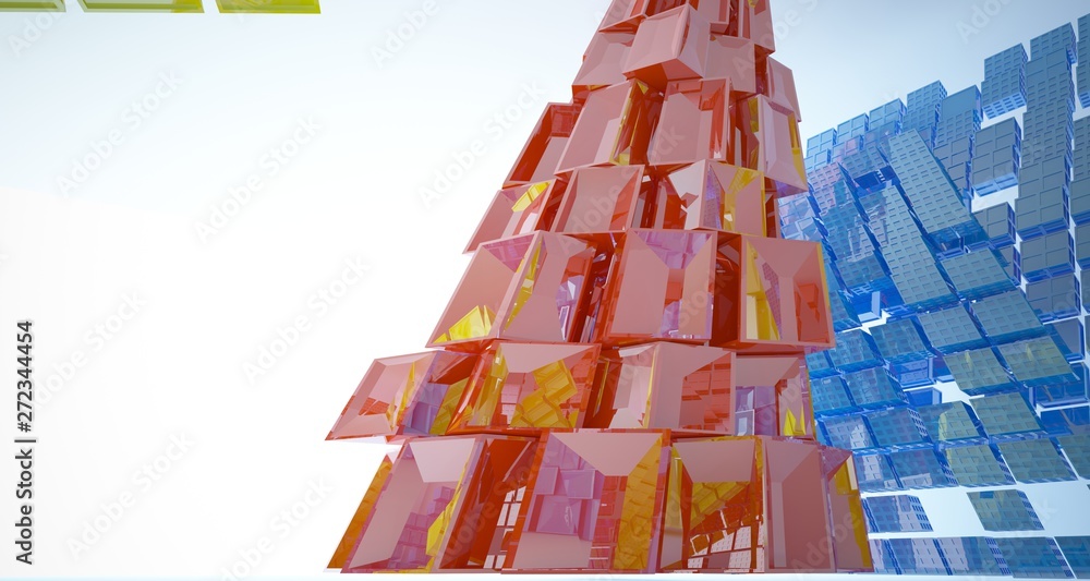 Naklejka premium Abstract white and colored interior multilevel public space with window. 3D illustration and rendering.