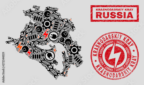 Composition of mosaic power supply Krasnodarskiy Kray map and grunge seals. Mosaic vector Krasnodarskiy Kray map is designed with hardware and electricity icons. Black and red colors used.