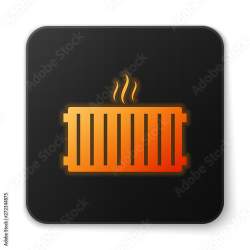 Orange glowing Heating radiator icon isolated on white background. Black square button. Vector Illustration