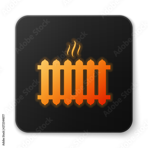 Orange glowing Heating radiator icon isolated on white background. Black square button. Vector Illustration