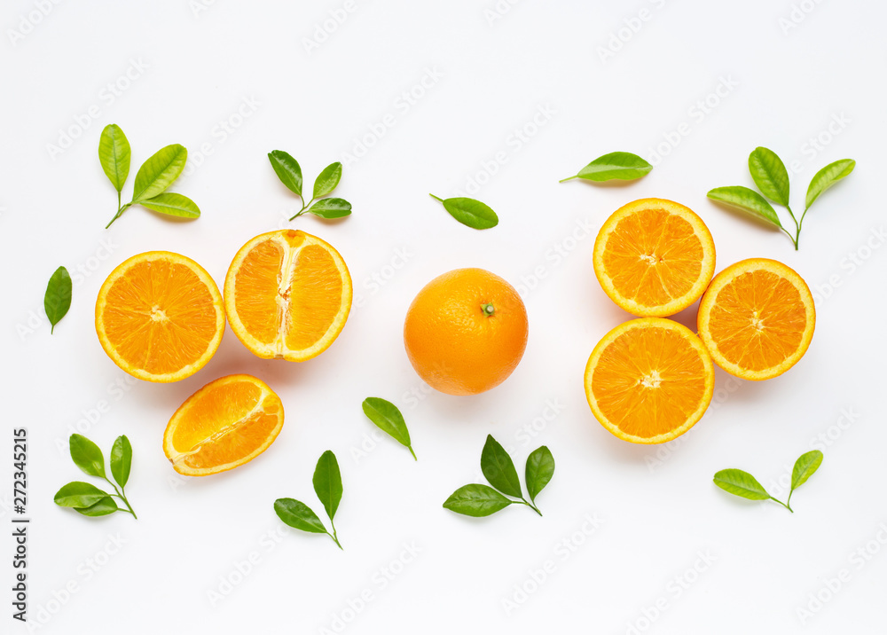 High vitamin C. Fresh orange citrus fruit with leaves isolated on white. High vitamin C. Fresh orange citrus fruit with leaves isolated on white.
