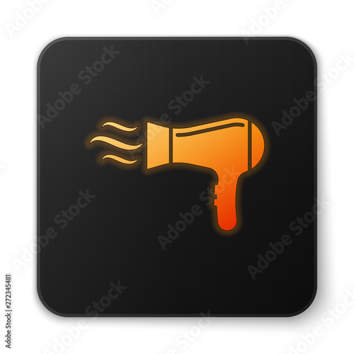 Orange glowing Hair dryer icon isolated on white background. Hairdryer sign. Hair drying symbol. Blowing hot air. Black square button. Vector Illustration