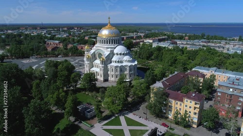 View of old St. Nicholas Naval Cathedral on a Sunny June day (aerial video). Kronstadt, Russia photo