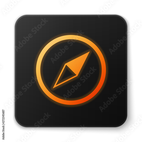 Orange glowing Wind rose icon isolated on white background. Compass icon for travel. Navigation design. Black square button. Vector Illustration