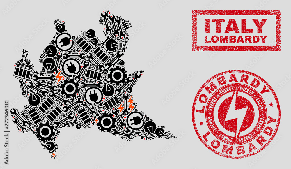 Composition of mosaic power supply Lombardy region map and grunge stamps. Mosaic vector Lombardy region map is composed with workshop and bulb symbols. Black and red colors used. Composition of mosaic power supply Lombardy region map and grunge stamps. Mosaic vector Lombardy region map is composed with workshop and bulb symbols. Black and red colors used.