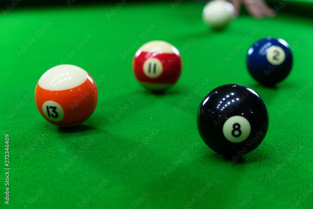 Close-up photos, playing billiard balls, various numbers, stabbing the ball, numbers and green ground Close-up photos, playing billiard balls, various numbers, stabbing the ball, numbers and green ground