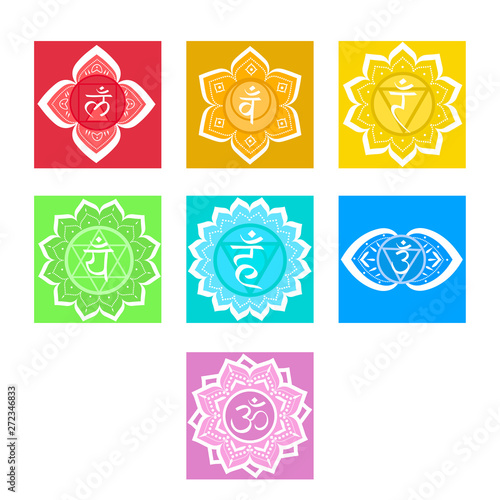 Set of chakras. Symbol meditation and spiritual, yoga buddhism and energy. Vector illustration.