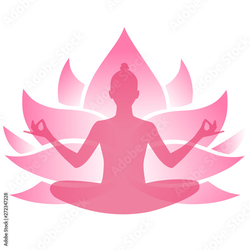 Silhouette of a girl sitting in a lotus. Transparent pink emblem. Vector illustration.