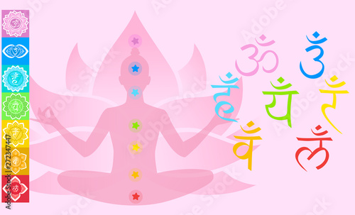 Set with chakras, the girl sitting in the lotus. Vector illustration on a pink background.