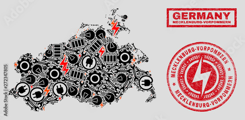 Composition of mosaic power supply Mecklenburg-Vorpommern Land map and grunge watermarks. Mosaic vector Mecklenburg-Vorpommern Land map is designed with workshop and power elements.