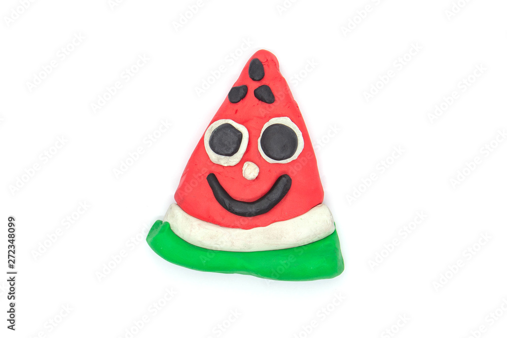 Play dough Watermelon fruit imitation on white background. Handmade clay plasticine Play dough Watermelon fruit imitation on white background. Handmade clay plasticine