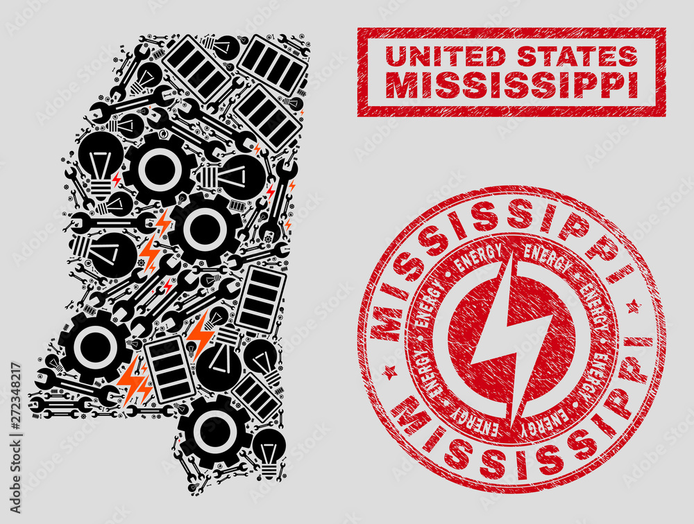 Composition of mosaic power supply Mississippi State map and grunge stamp seals. Mosaic vector Mississippi State map is designed with service and energy elements. Black and red colors used. Composition of mosaic power supply Mississippi State map and grunge stamp seals. Mosaic vector Mississippi State map is designed with service and energy elements. Black and red colors used.