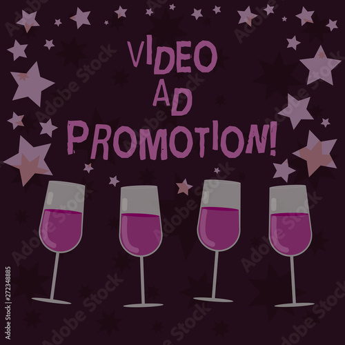 Handwriting text Video Ad Promotion. Concept meaning help drive more views and subscribers to your channel Filled Cocktail Wine Glasses with Scattered Stars as Confetti Stemware