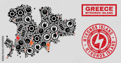 Composition of mosaic power supply Mykonos Island map and grunge seals. Mosaic vector Mykonos Island map is designed with tools and electric elements. Black and red colors used.