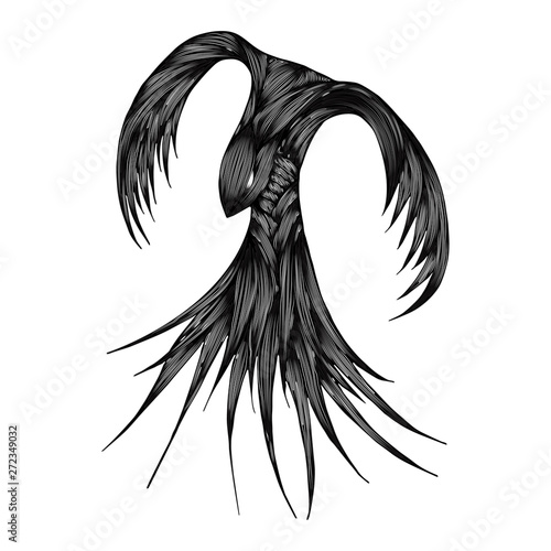 Phoenix Fire bird illustration and character design. Phoenix fire bird isolated on white background. Metal animal tattoo design. Hand drawn outline vector illustration.
