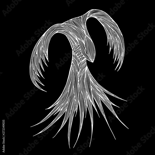 Phoenix Fire bird illustration and character design. Phoenix fire bird isolated on black background. Japanese animal tattoo design. Hand drawn outline vector illustration