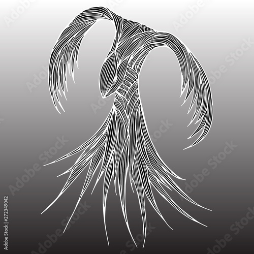 Phoenix Fire bird illustration and character design. Phoenix fire bird isolated on gray background. Japanese animal tattoo design. Hand drawn outline vector illustration