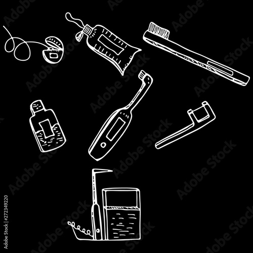 Dental services objects isolated on black background . Doodle style dental cleaning and care tools. Stomatology and orthodontics instruments and tools. Medical, stomatology hand drawn vector objects