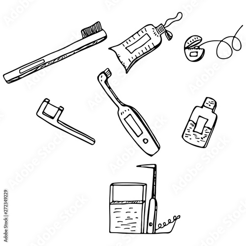 Dental services objects isolated on black background . Doodle style dental cleaning and care tools. Stomatology and orthodontics instruments and tools. Medical, stomatology hand drawn vector objects