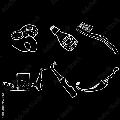 Dental services objects isolated on black background . Doodle style dental cleaning and care tools. Stomatology and orthodontics instruments and tools. Medical, stomatology hand drawn vector objects