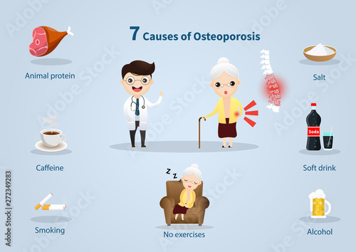 7 Cause of Osteoporosis. Old people with osteoporosis problem on the blue background. vector, illustration.