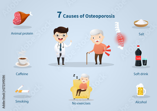7 Cause of Osteoporosis. Old people with osteoporosis problem on the blue background. vector, illustration.