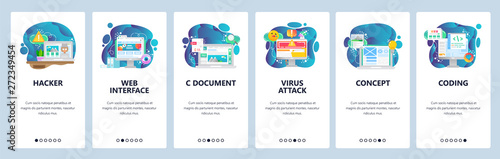 Mobile app onboarding screens. Web and software development. Cyber security, coding, virus attack. Menu vector banner template for website and mobile development. Web site design flat illustration