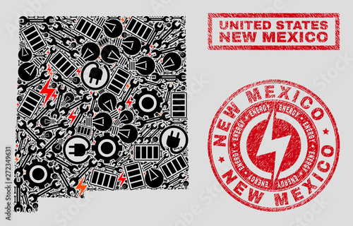 Composition of mosaic power supply New Mexico State map and grunge stamps. Mosaic vector New Mexico State map is composed with tools and energy icons. Black and red colors used.